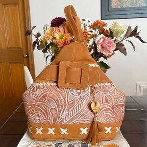 Elegant Brown and White Women's Backpack with Buckle